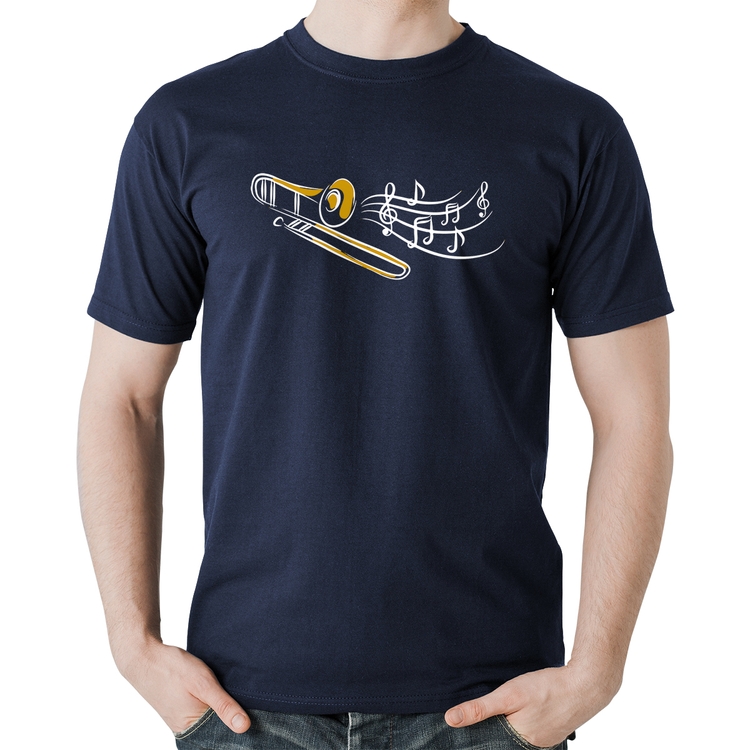 Camiseta Algodão Trombone Notas Musicais - Marinho