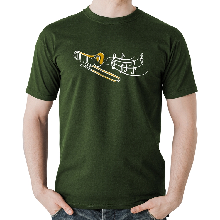 Camiseta Algodão Trombone Notas Musicais - Musgo