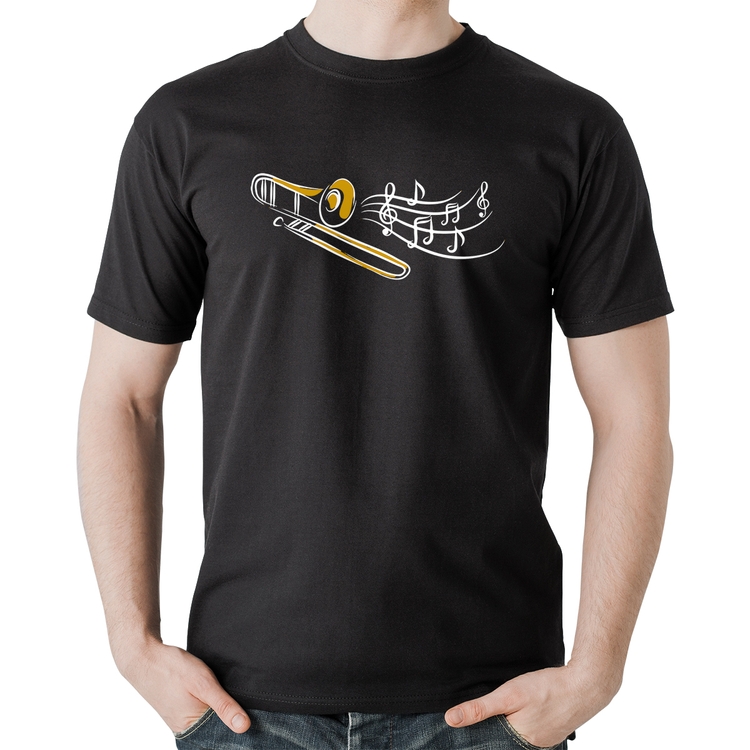Camiseta Algodão Trombone Notas Musicais
