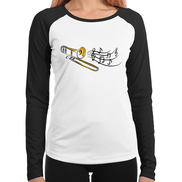 Baby Look Raglan Trombone Notas Musicais Manga Longa