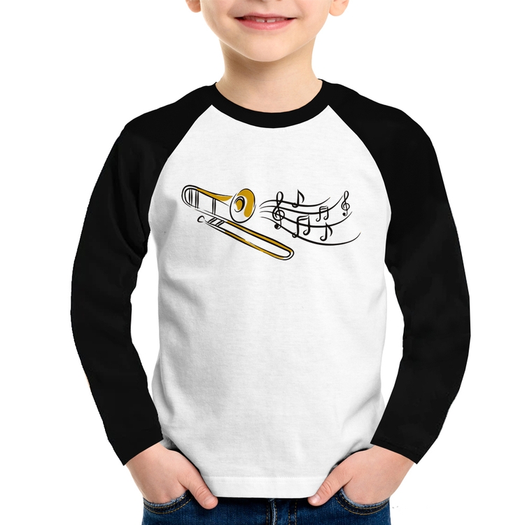 Camiseta Raglan Infantil Trombone Notas Musicais Manga Longa