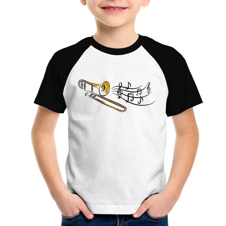 Camiseta Raglan Infantil Trombone Notas Musicais