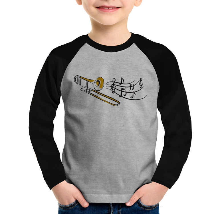 Camiseta Raglan Infantil Trombone Notas Musicais Manga Longa - Cinza/Preto