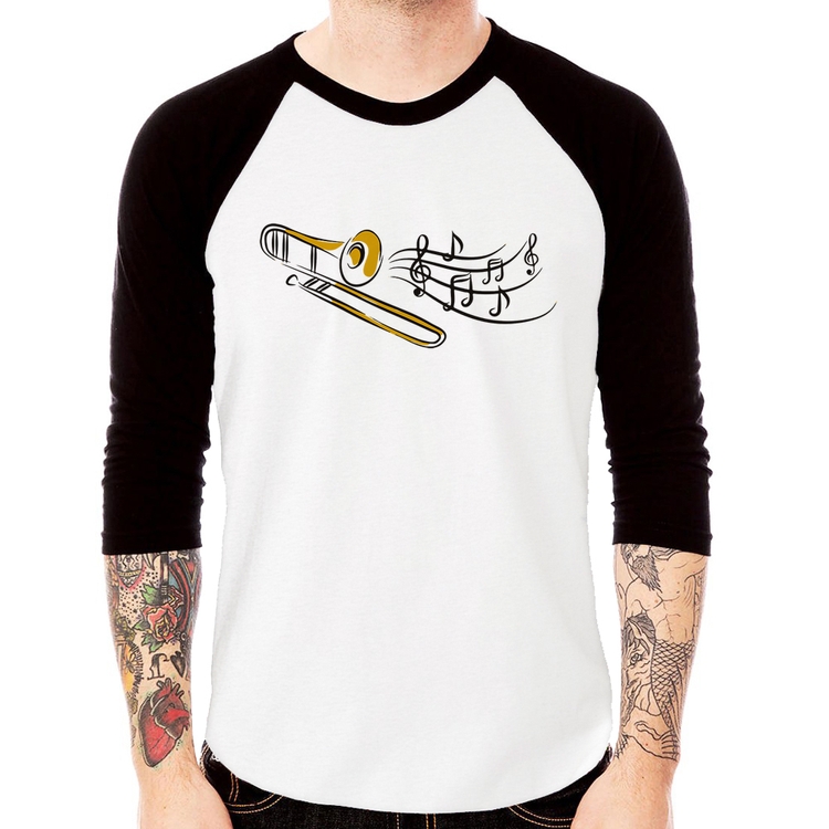 Camiseta Raglan Trombone Notas Musicais Manga 3/4