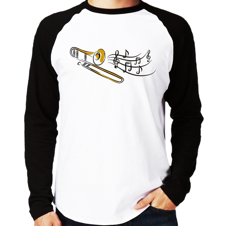 Camiseta Raglan Trombone Notas Musicais Manga Longa