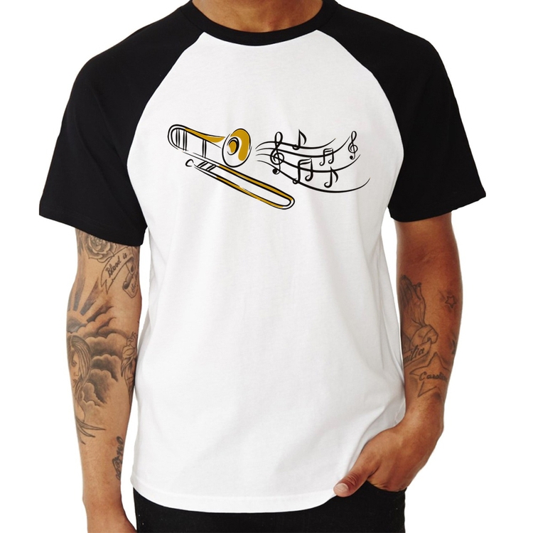 Camiseta Raglan Trombone Notas Musicais