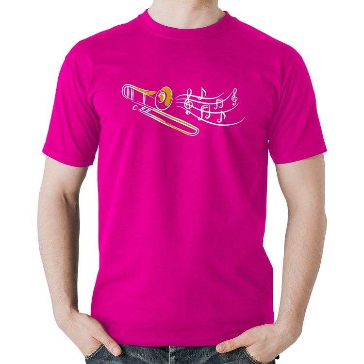 Camiseta Algodão Trombone Notas Musicais - Rosa
