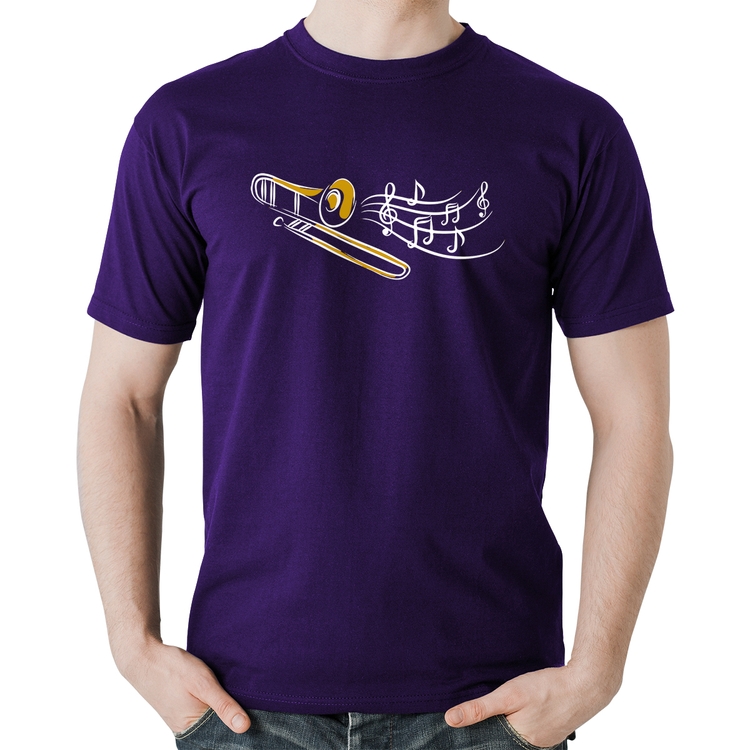 Camiseta Algodão Trombone Notas Musicais - Roxa