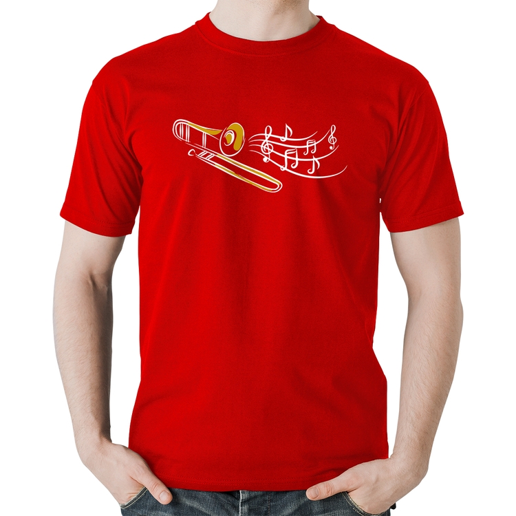 Camiseta Algodão Trombone Notas Musicais - Vermelha
