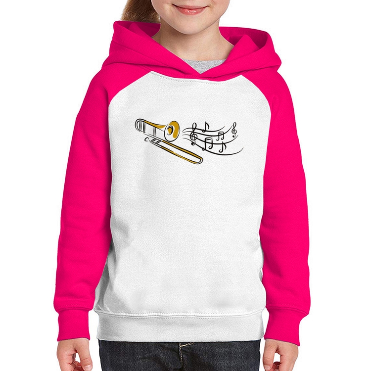 Moletom Infantil Trombone Notas Musicais - Branco/Rosa