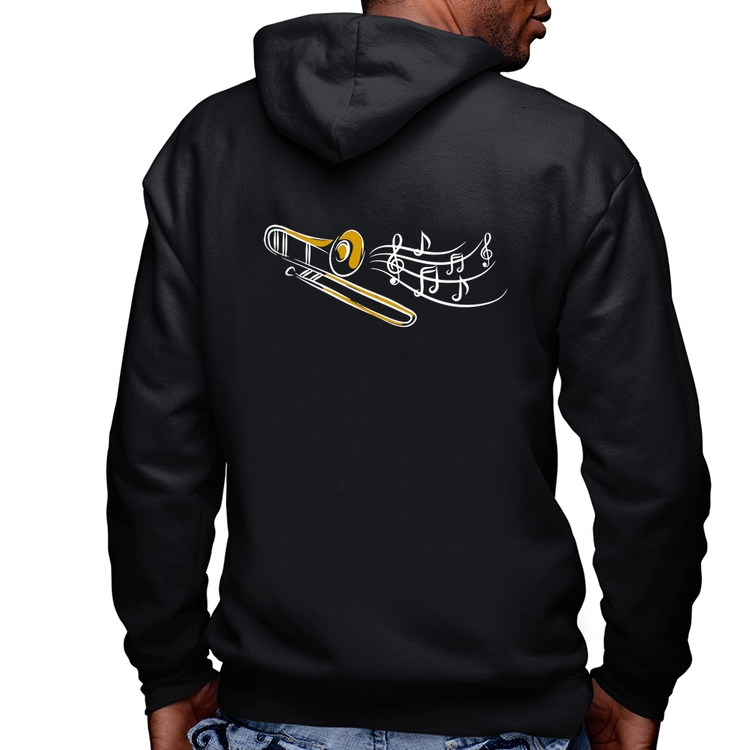 Blusa Moletom Trombone Notas Musicais Masculina com Capuz e Zíper