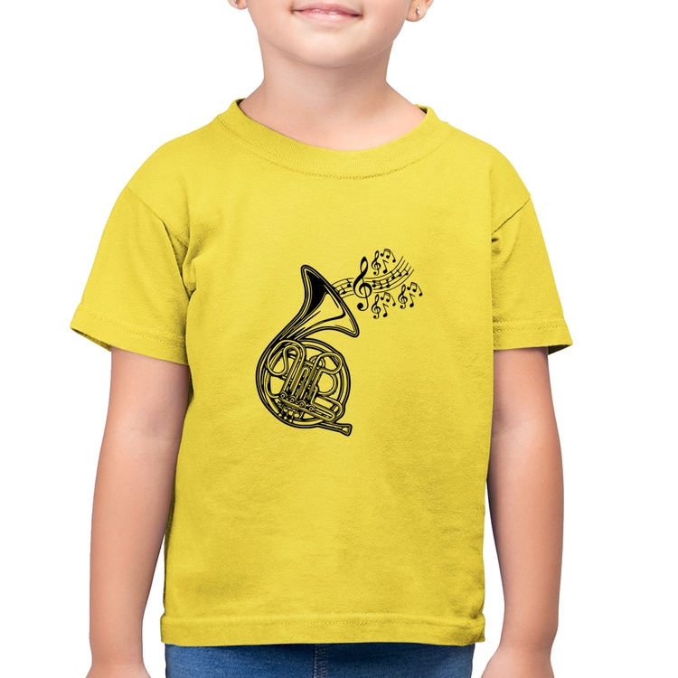 Camiseta Algodão Infantil Trompa Notas Musicais - Amarelo Canário