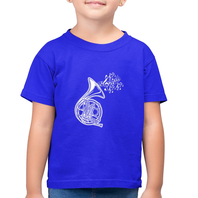 Camiseta Algodão Infantil Trompa Notas Musicais - Azul Royal