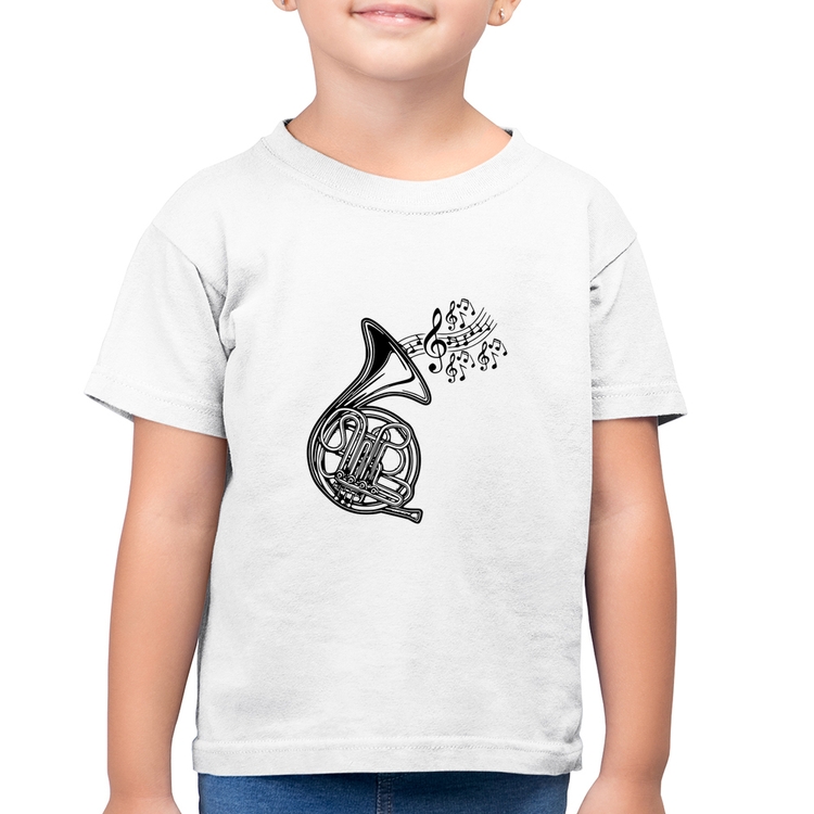 Camiseta Algodão Infantil Trompa Notas Musicais - Branca