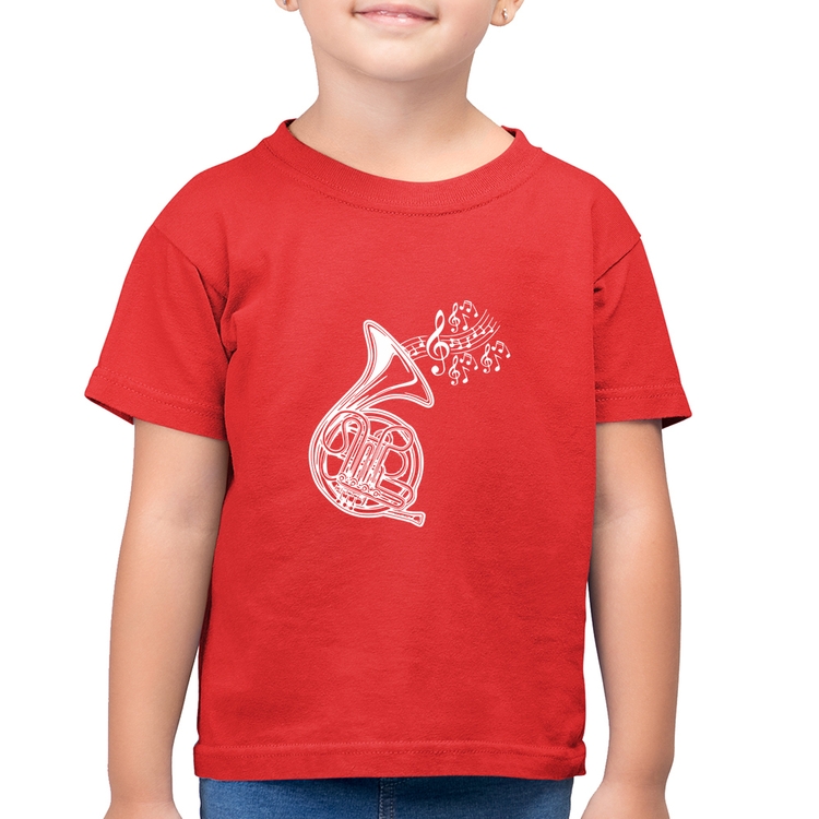 Camiseta Algodão Infantil Trompa Notas Musicais - Vermelha