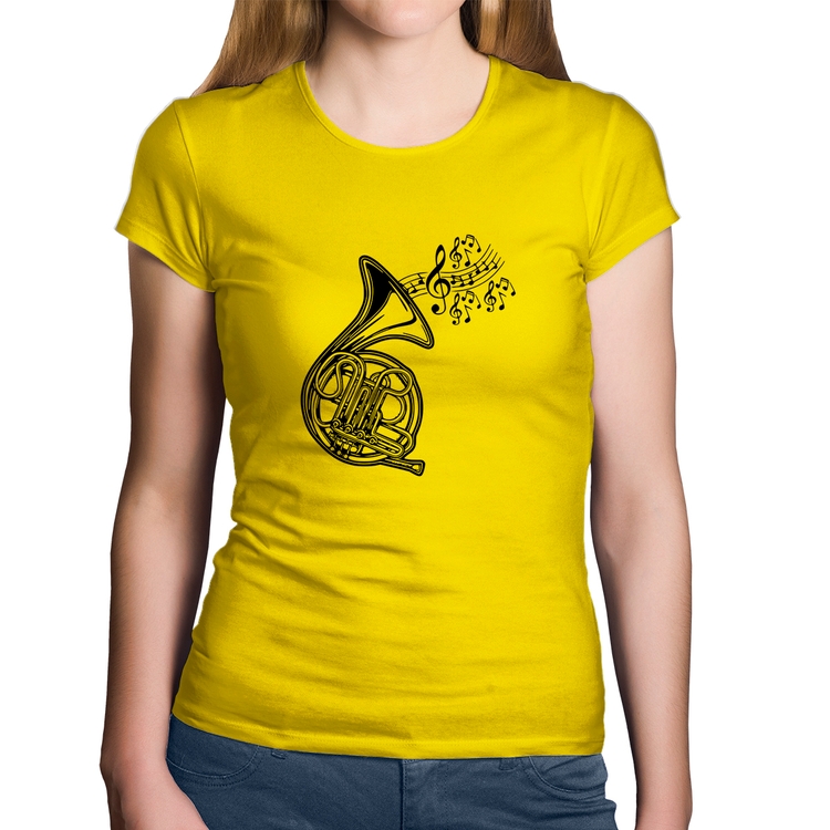 Baby Look Algodão Trompa Notas Musicais - Amarela