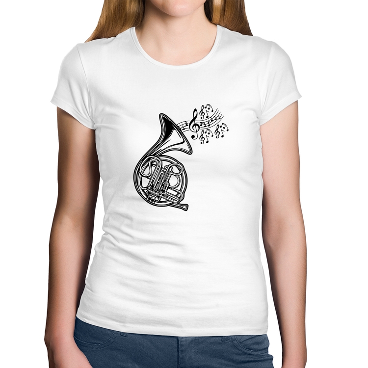 Baby Look Algodão Trompa Notas Musicais - Branca