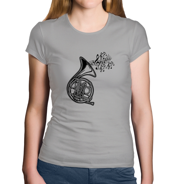 Baby Look Algodão Trompa Notas Musicais - Cinza