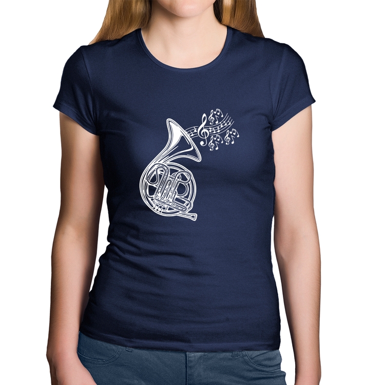 Baby Look Algodão Trompa Notas Musicais - Marinho