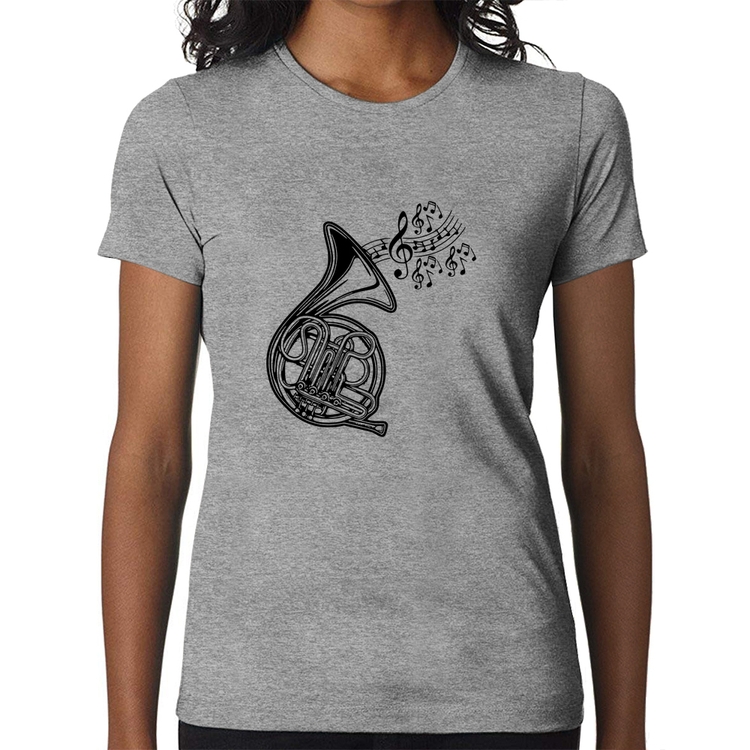 Baby Look Trompa Notas Musicais - Cinza