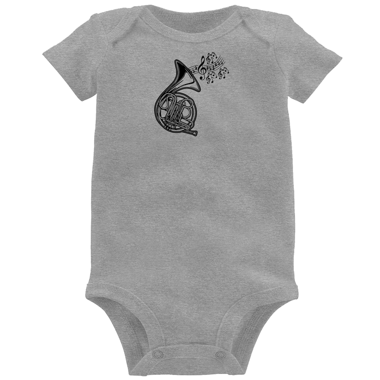 Body Bebê Trompa Notas Musicais - Cinza