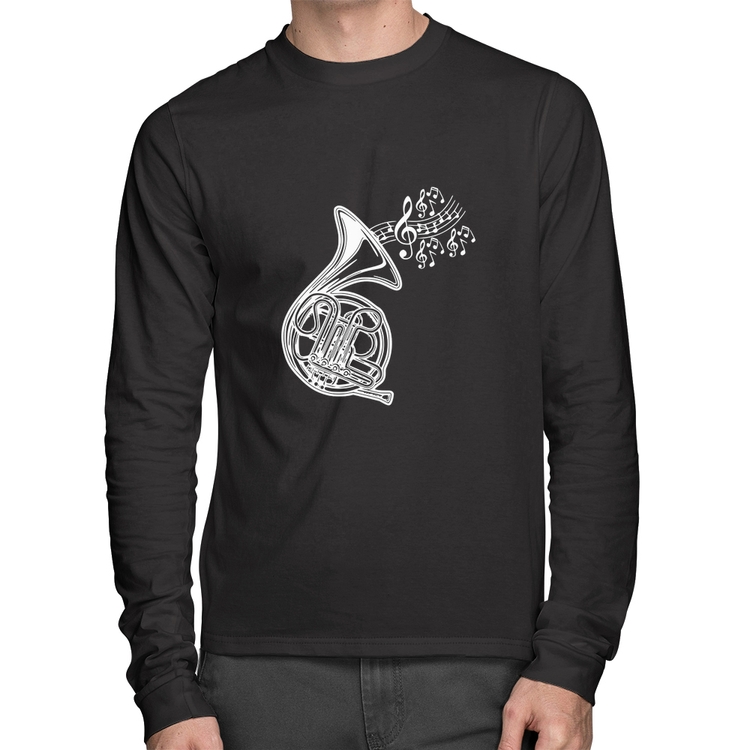 Camiseta Algodão Trompa Notas Musicais Manga Longa