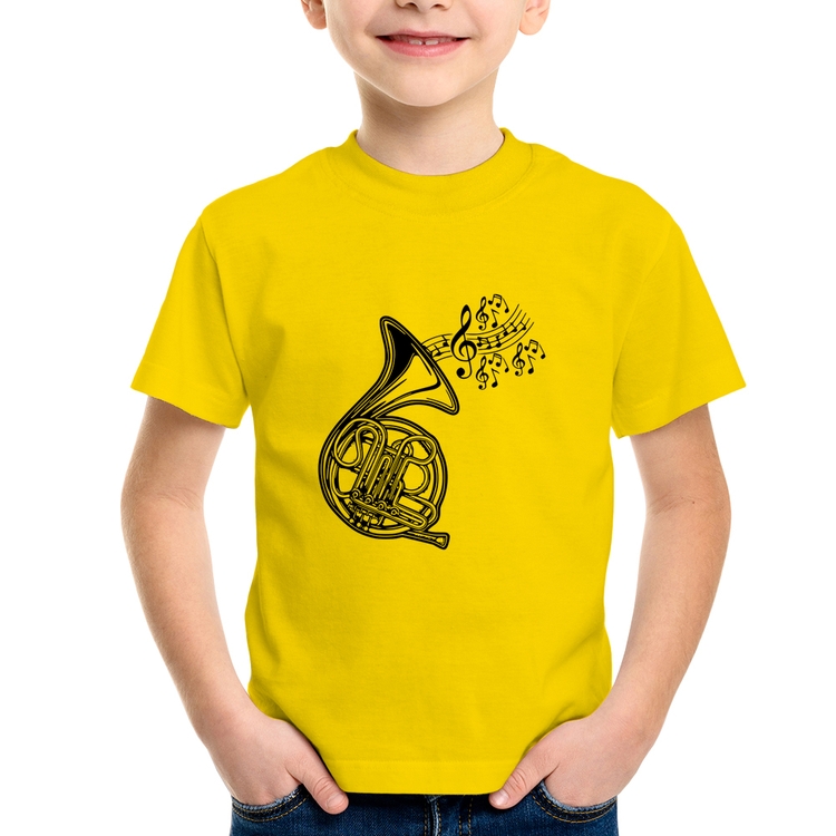 Camiseta Infantil Trompa Notas Musicais - Amarela