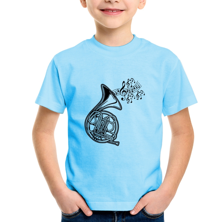 Camiseta Infantil Trompa Notas Musicais - Azul Bebê