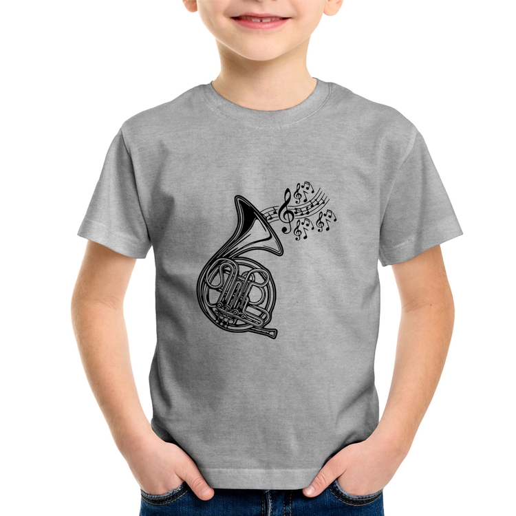 Camiseta Infantil Trompa Notas Musicais - Cinza