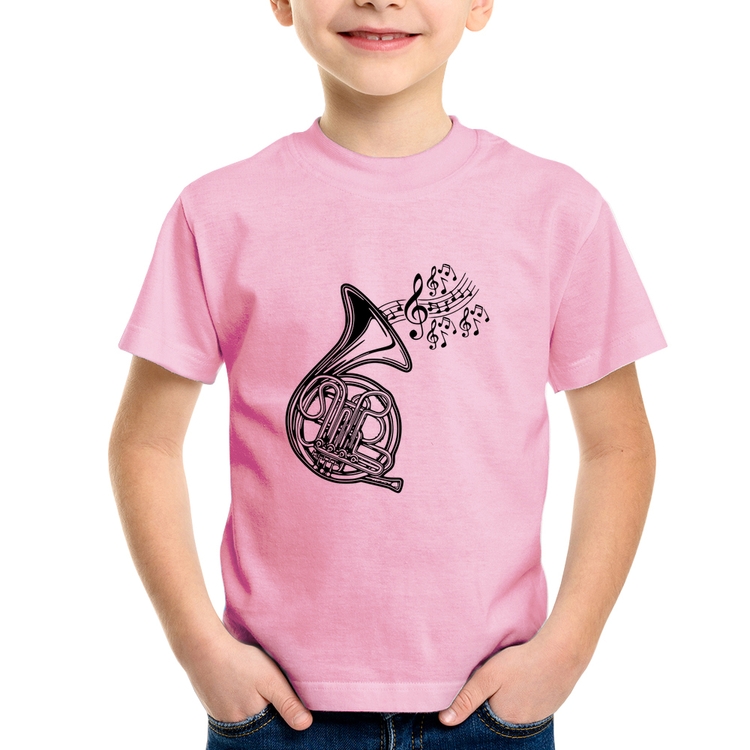 Camiseta Infantil Trompa Notas Musicais - Rosa Bebê