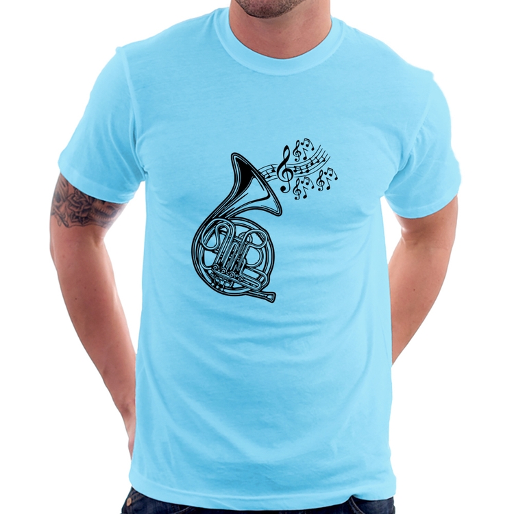 Camiseta Trompa Notas Musicais - Azul Bebê