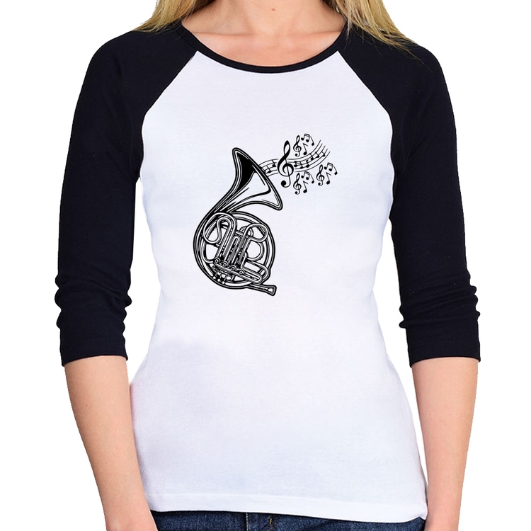 Baby Look Raglan Trompa Notas Musicais Manga 3/4