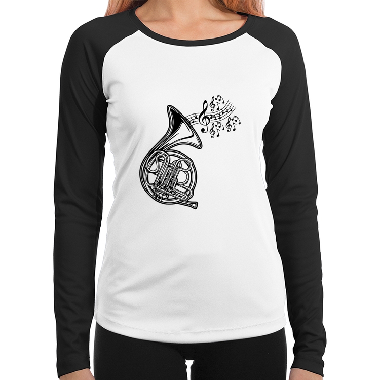 Baby Look Raglan Trompa Notas Musicais Manga Longa
