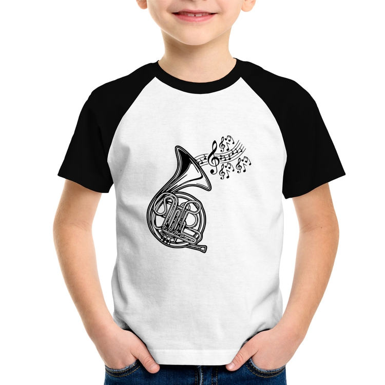 Camiseta Raglan Infantil Trompa Notas Musicais