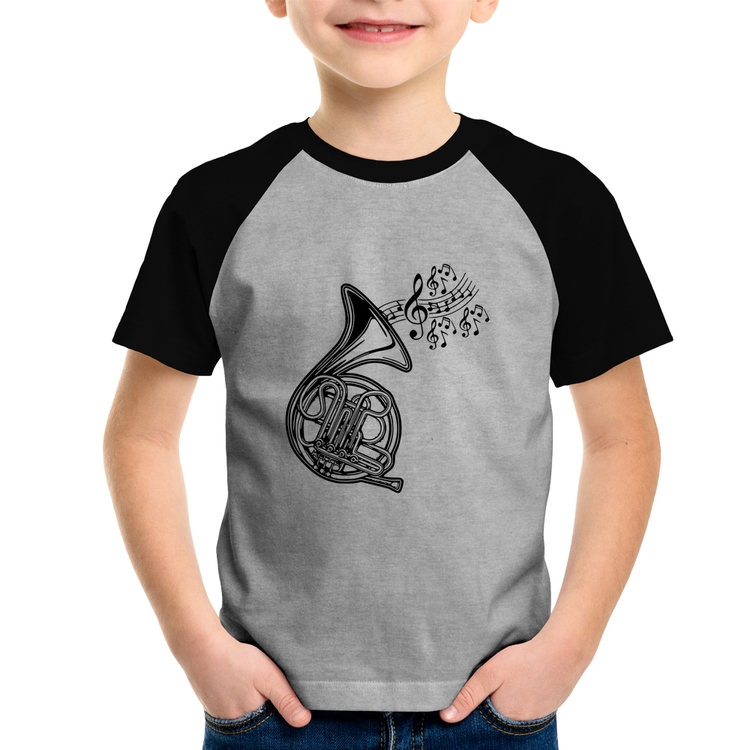 Camiseta Raglan Infantil Trompa Notas Musicais - Cinza/Preto