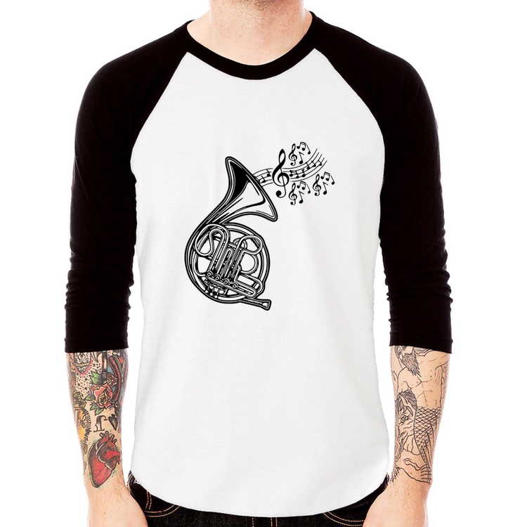 Camiseta Raglan Trompa Notas Musicais Manga 3/4