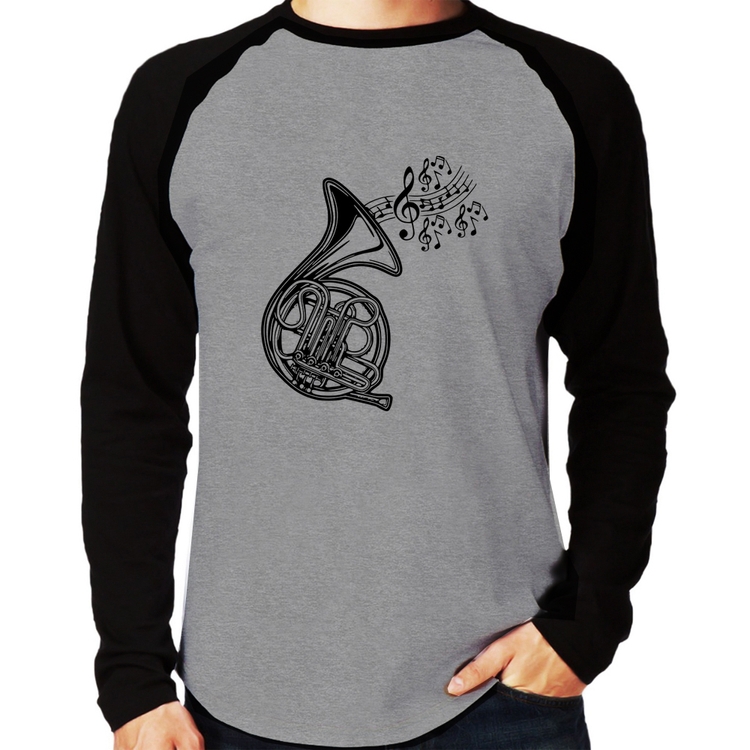 Camiseta Raglan Trompa Notas Musicais Manga Longa - Cinza/Preto