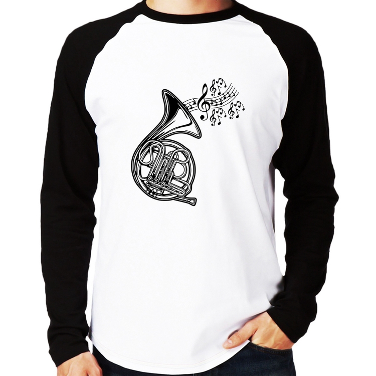 Camiseta Raglan Trompa Notas Musicais Manga Longa