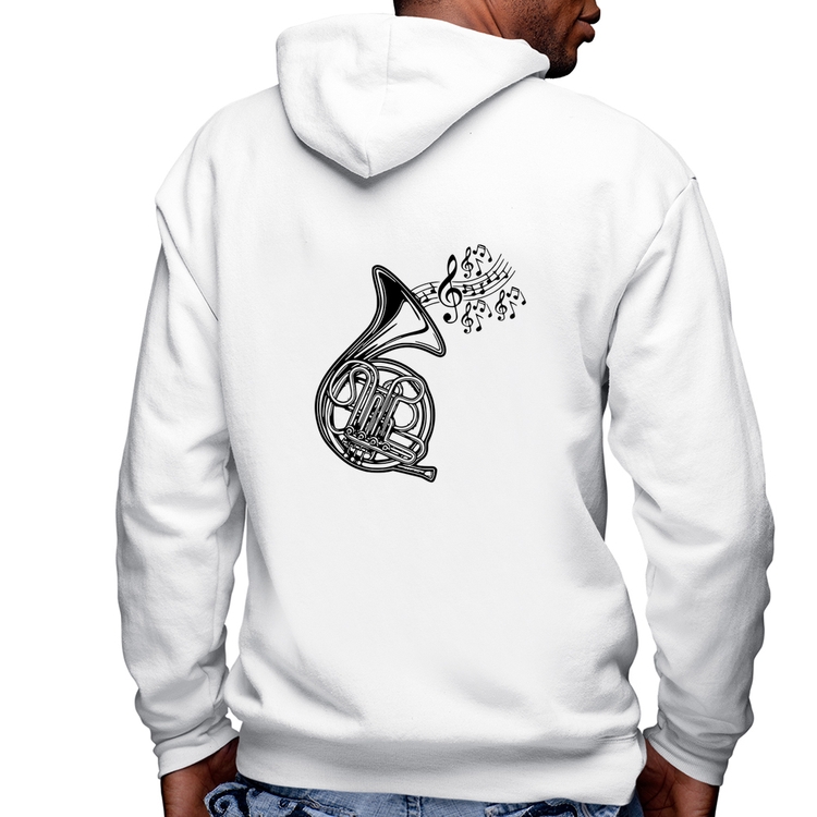 Blusa Moletom Trompa Notas Musicais Masculina com Capuz e Zíper - Branca