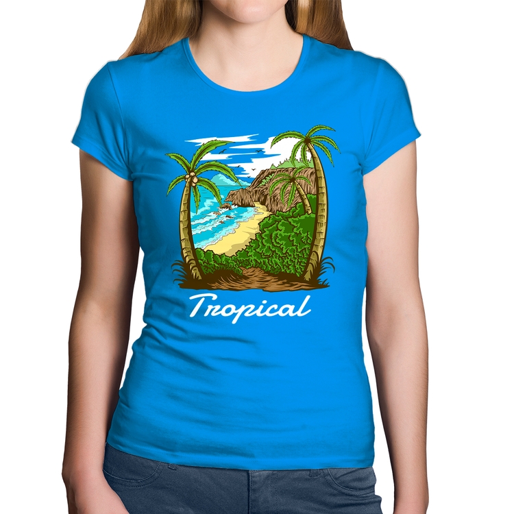 Baby Look Algodão Tropical Beach - Azul