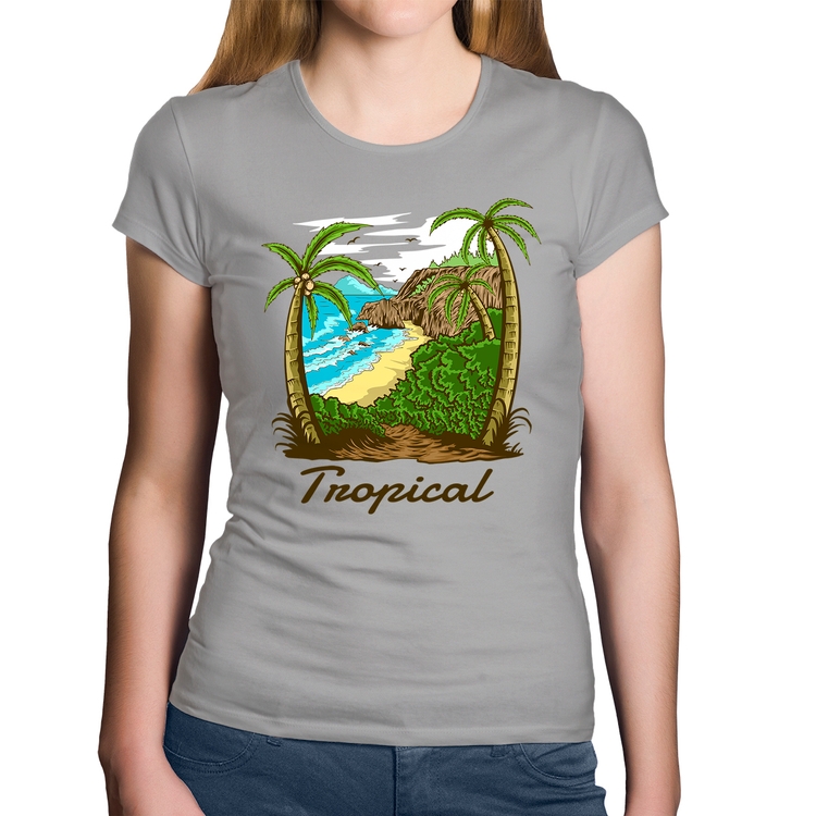 Baby Look Algodão Tropical Beach - Cinza