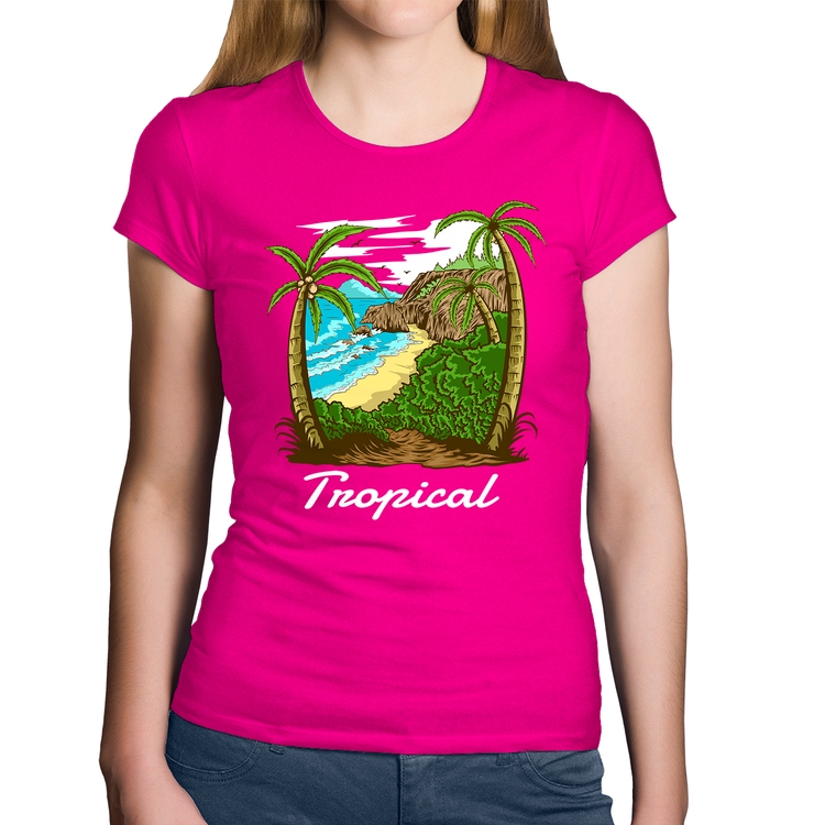 Baby Look Algodão Tropical Beach - Rosa