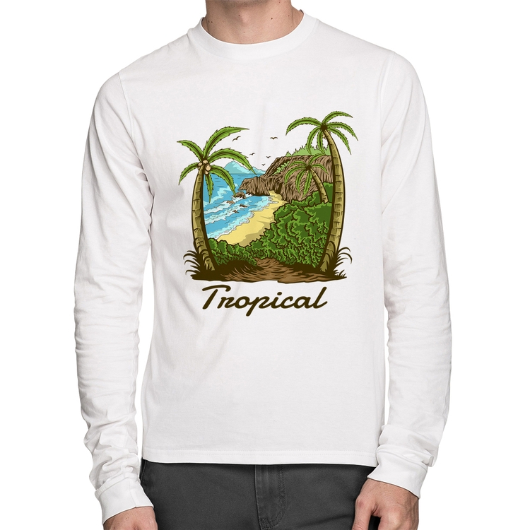 Camiseta Algodão Tropical Beach Manga Longa - Branca