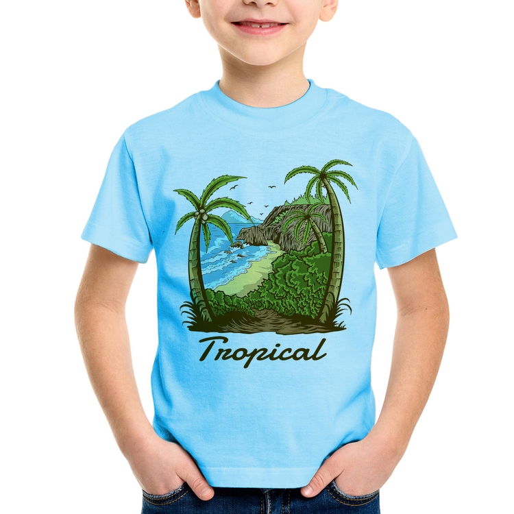 Camiseta Infantil Tropical Beach - Azul Bebê