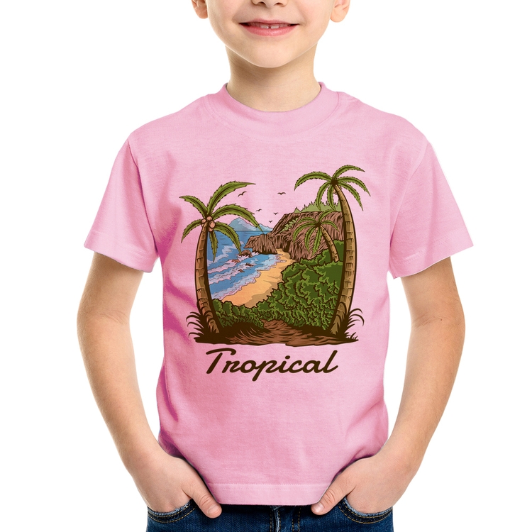 Camiseta Infantil Tropical Beach - Rosa Bebê