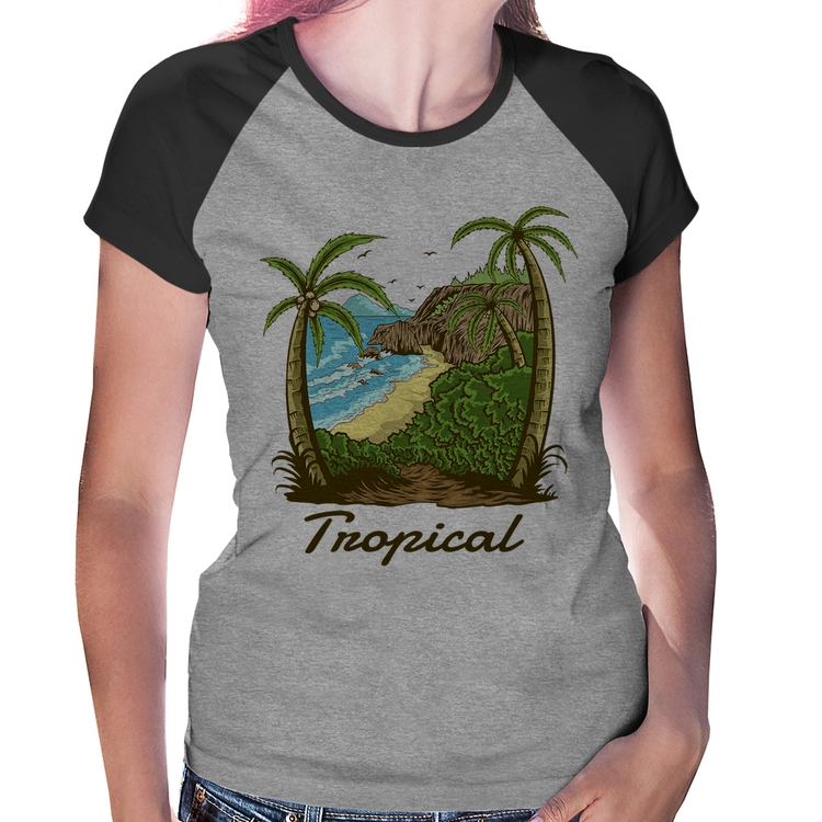 Baby Look Raglan Tropical Beach - Cinza/Preto