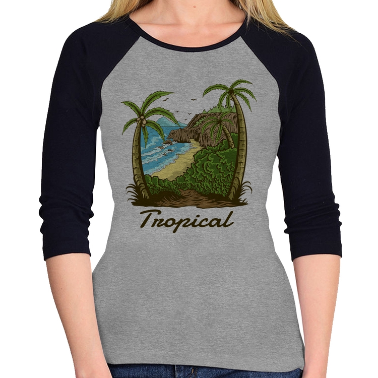 Baby Look Raglan Tropical Beach Manga 3/4 - Cinza/Preto