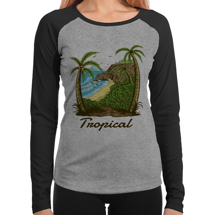 Baby Look Raglan Tropical Beach Manga Longa - Cinza/Preto