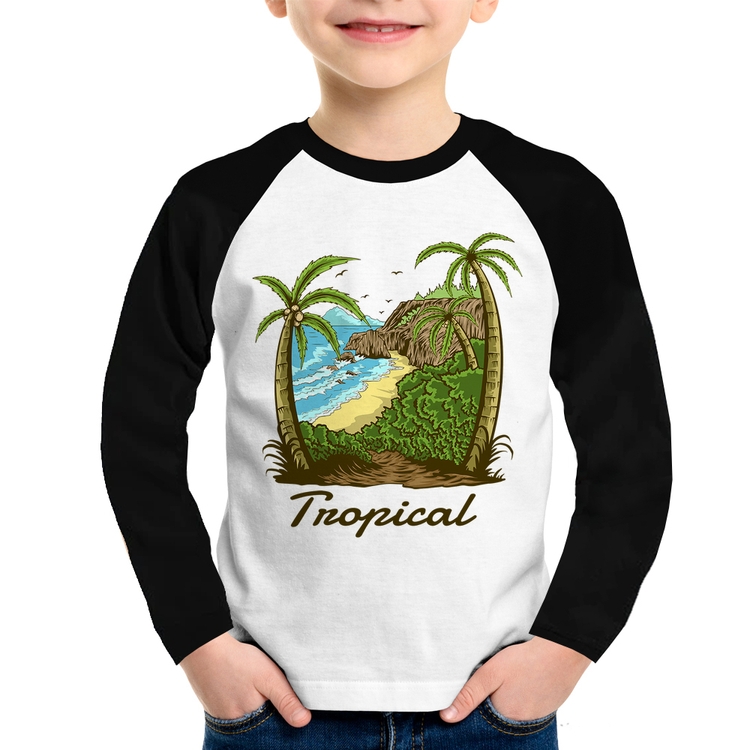 Camiseta Raglan Infantil Tropical Beach Manga Longa