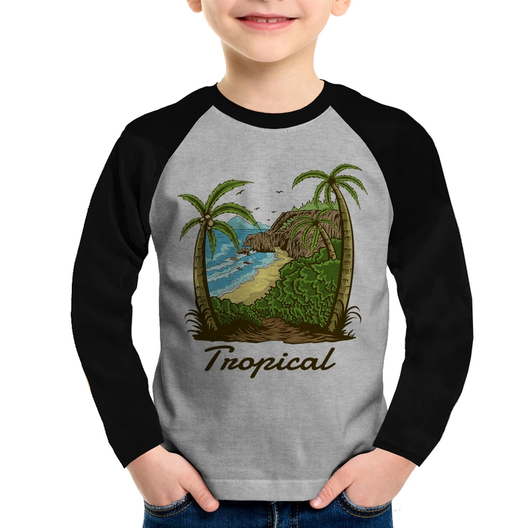 Camiseta Raglan Infantil Tropical Beach Manga Longa - Cinza/Preto